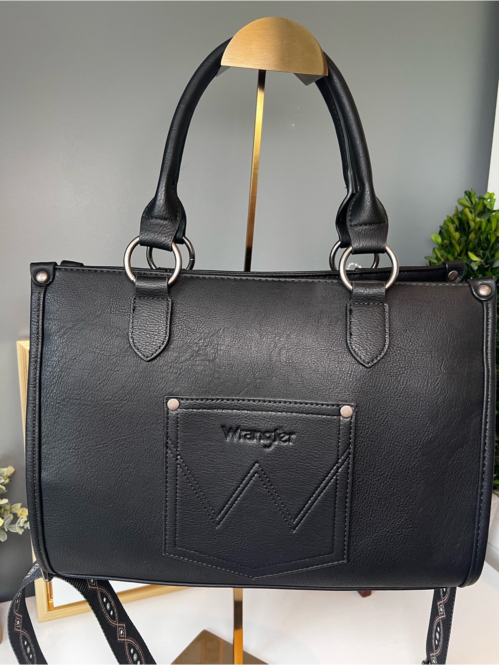 Wrangler Southwestern Tooled Tote Bag Black Faux Leather Western Satchel NWT - Picture 4 of 11